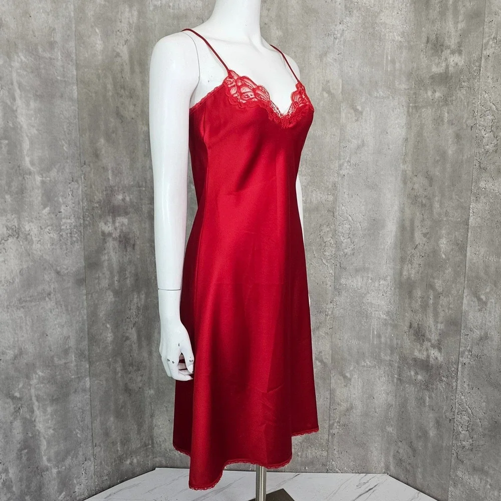 Vintage Warners Red Nylon Lace Slip‎ Dress Womens 34 Mini Chemise Nightgown USA